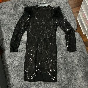 Black Sequin Dress with Feather Accents